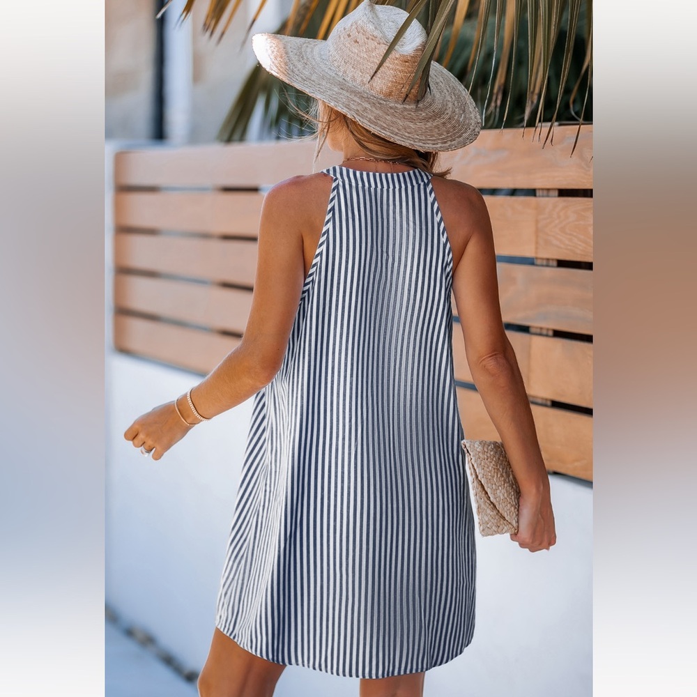 NWT XL Cupshe Navy and White Sleeveless Striped Dress - Picture 2 of 6